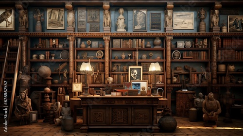 A library with a collection of ancient artifacts on display.