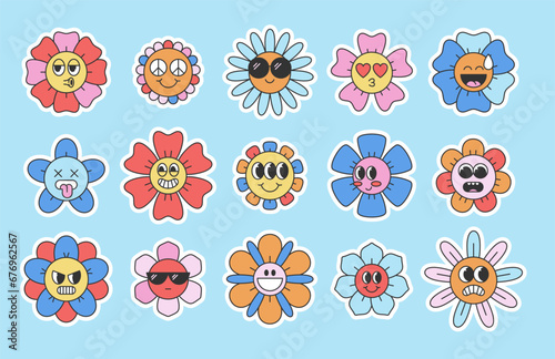 Retro flower characters set with emotions. Sticker pack in trendy cartoon style. Editable stroke elements.Isolated vector illustration. 