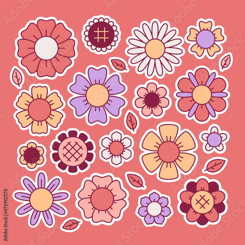 Flowers set. Sticker pack in trendy retro cartoon style. Editable stroke elements.Isolated vector illustration. 