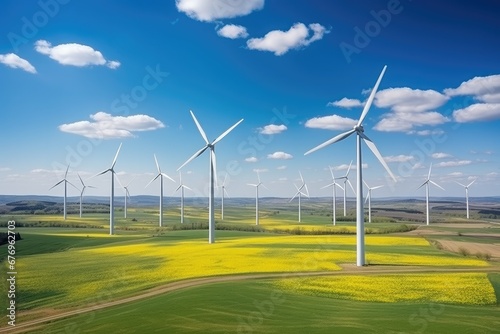 Windmills Dance: Aerial Perspective of Clean Energy Generation on Meadow