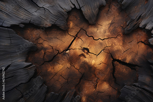 焦げた木の皮をクローズアップして詳細にマクロ背景。A close-up, detailed macro view of charred wood bark, revealing a dark texture. This background showcases the intricate patterns of burned and scratched cork　Generative AI