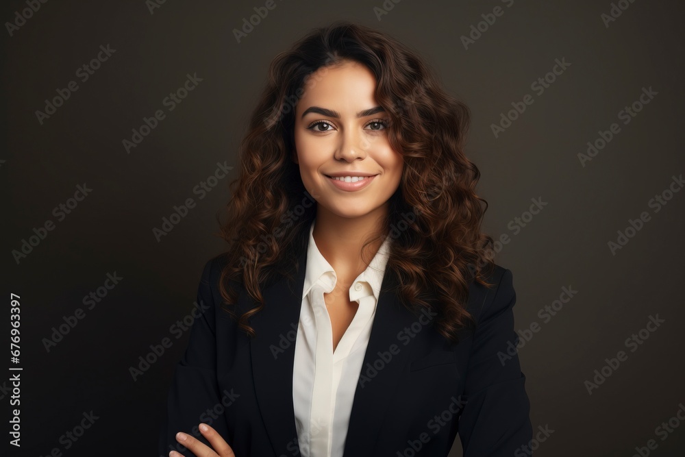 Photo of a successful businesswoman. friendly smiling office, one color background, generative ai Photo of a successful businesswoman. friendly smiling office, one color background, generative ai