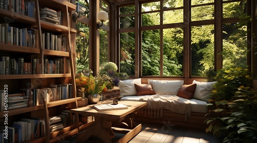 A library with a reading nook overlooking a garden.