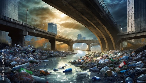 Fiume pieno di rifiuti che passa sotto i ponti di una città generato con ai photo