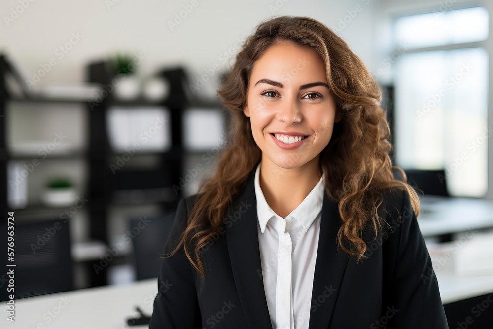 Photo of a successful businesswoman. friendly smiling office, one color background, generative ai Photo of a successful businesswoman. friendly smiling office, one color background, generative ai