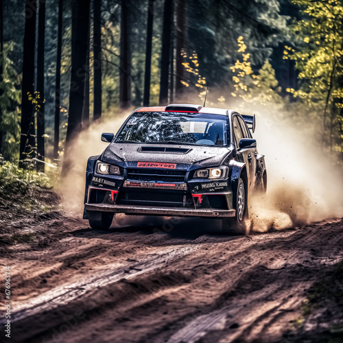 Racing car on a dirt road in the forest. Concept of extreme sport. Racing car on a muddy road in the forest. Concept of extreme sport.