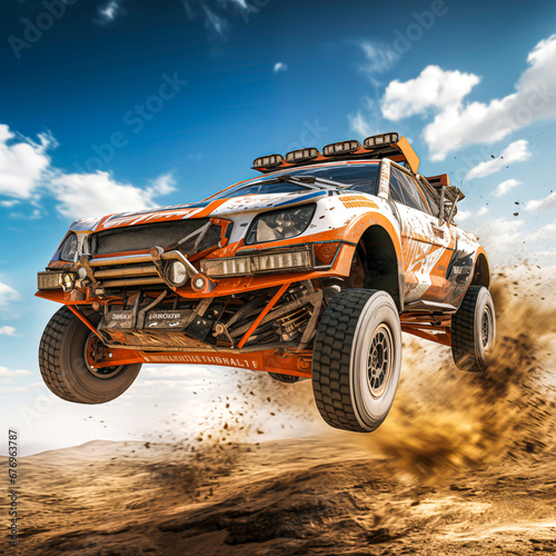 Racing off-road vehicle in the mountains. Extreme sport. Off-road vehicle in the desert. 3D illustration.
