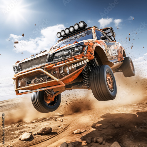 Racing off-road vehicle in the mountains. Extreme sport. Off-road vehicle in the desert. 3D illustration.