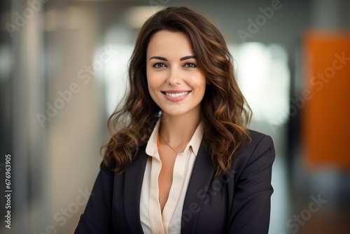 Photo of a successful businesswoman. friendly smiling office  one color background  generative ai