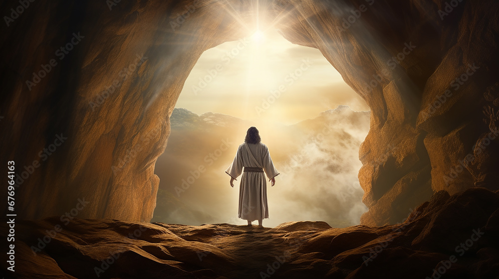 Jesus cristo caminhando em direção a  luz  - obrazy, fototapety, plakaty 