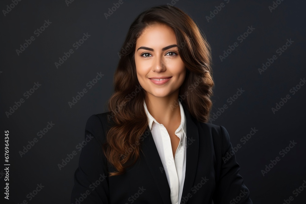 Photo of a successful businesswoman. friendly smiling office, one color background, generative ai Photo of a successful businesswoman. friendly smiling office, one color background, generative ai