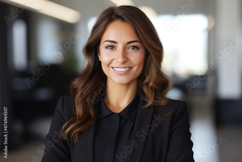Photo of a successful businesswoman. friendly smiling office, one color background, generative ai