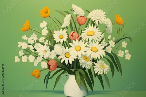 a mixed bouquet of daisies and tulips on a cheerful green background.