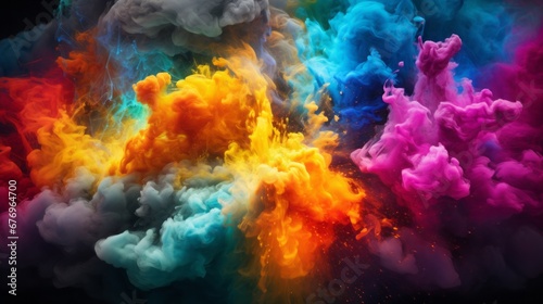 Vivid smoke plumes in explosive colors, shot against a dark backdrop with dynamic lighting effects. Generative AI