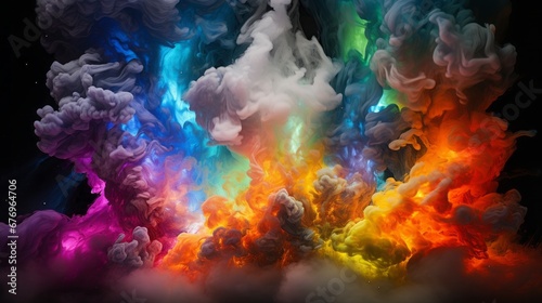 Explosive dance of multicolored smoke against a stark black background  illuminated by dynamic light streaks. Generative AI