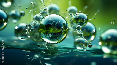Green hydrogen gas molecule, H2, is a new energy source for a sustainable and environmentally friendly future, found in the bubbles within liquid,