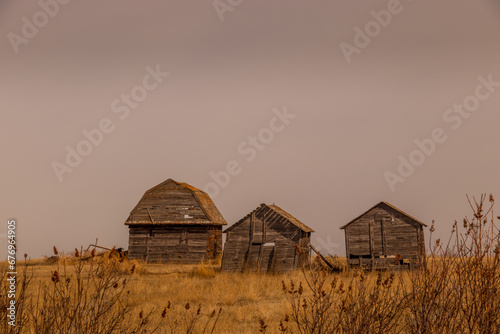 Sunrise over rustic farm buildings Keoma Alberta Canada