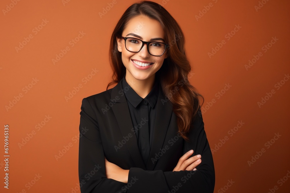 Photo of a successful businesswoman. friendly smiling office, one color background, generative ai Photo of a successful businesswoman. friendly smiling office, one color background, generative ai