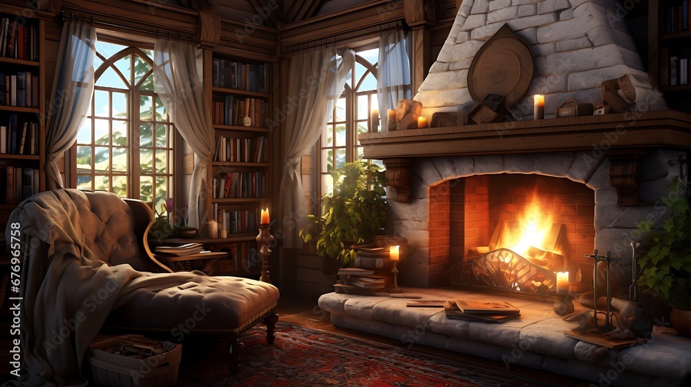 A library with a cozy reading nook near a fireplace.