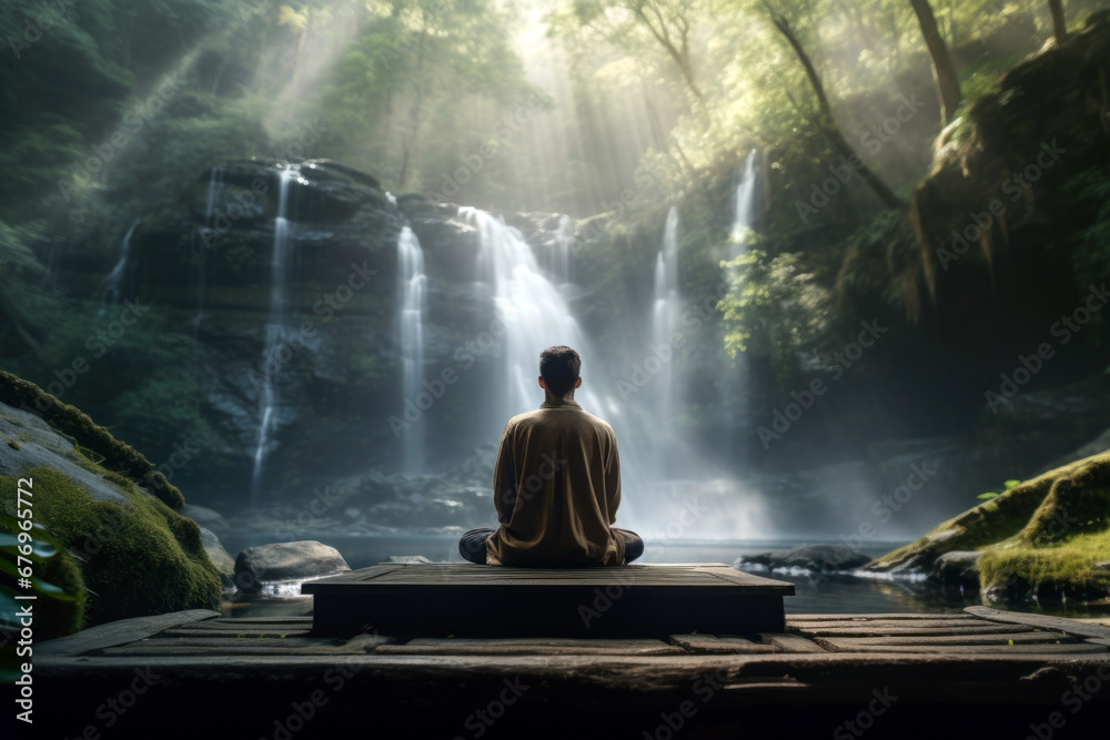 young man meditating in lotus position in front of waterfall in forest