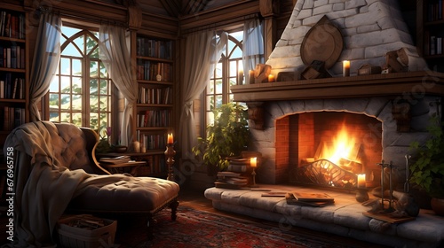 A library with a cozy reading nook near a fireplace. © Muhammad
