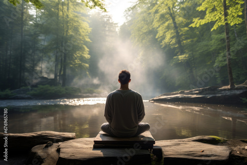 young man meditating in lotus position by the lake in forest