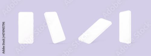 Clay smartphone mockup. 3d white cellphone minimal design, white telephone screenshot for mobile app present, blank plastic cell phone