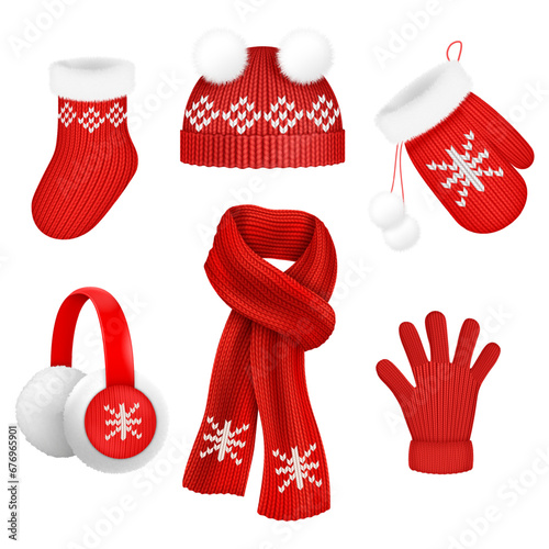 Christmas clothes. Winter clothing santa snow outfit for xmas holiday, 3d beanie mittens socks scarves knit cloth knitting red hat and fur scarf isolated decent vector illustration
