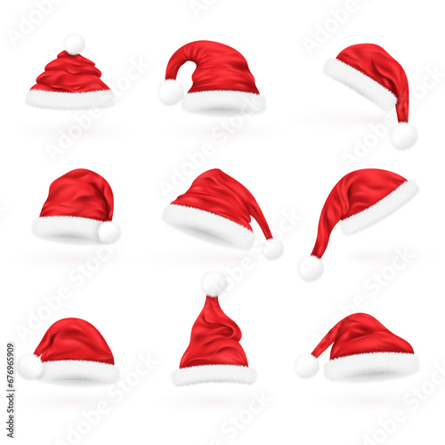 Realistic santa hats. 3d saint claus cap traditional christmas or new year symbol, winter plush furry hat for head on xmas holiday, santaclaus decoration decent vector illustration