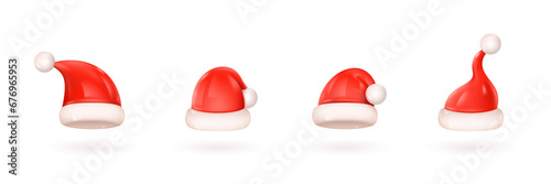 Render santa hats. 3d claus cap modern traditional christmas hat for head in winter, xmas party festive noel creative funny costume decoration