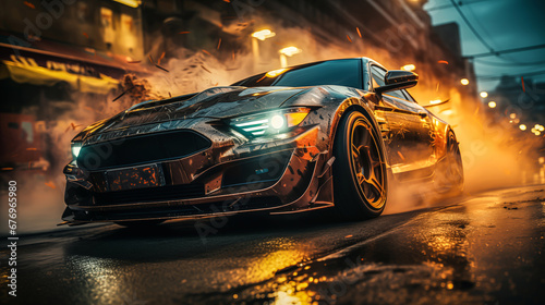 Racing car on the track at sunset. Sports car in motion. Front view of sport car with burning tires on the road in smoke. 3D CG rendering of a car in the sand with dust cloud. 