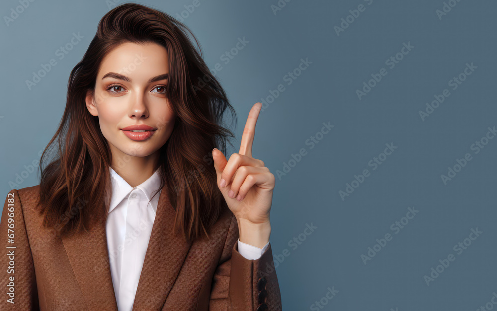 New idea, opinion, thought concept. A bussinesswoman with suits shows her index finger to point the upper side of the image on a blue background. Copy space for text, advertising, message, logo New idea, opinion, thought concept. A bussinesswoman with suits shows her index finger to point the upper side of the image on a blue background. Copy space for text, advertising, message, logo
