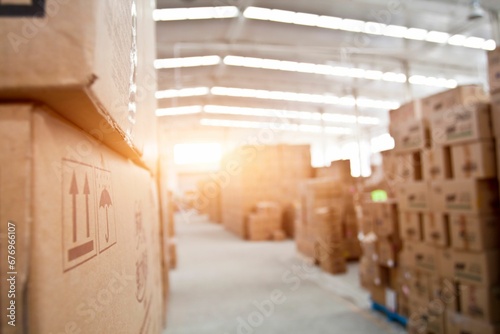 Close-up shot of cardboard boxes in a warehouse