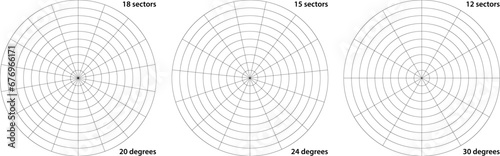 Polar grid divided into radial 20, 24, 30 degree 18, 15 and 12 sectors and concentric circles. Protractor or geometry angle ruler. Device gauge or radar coordinate screen