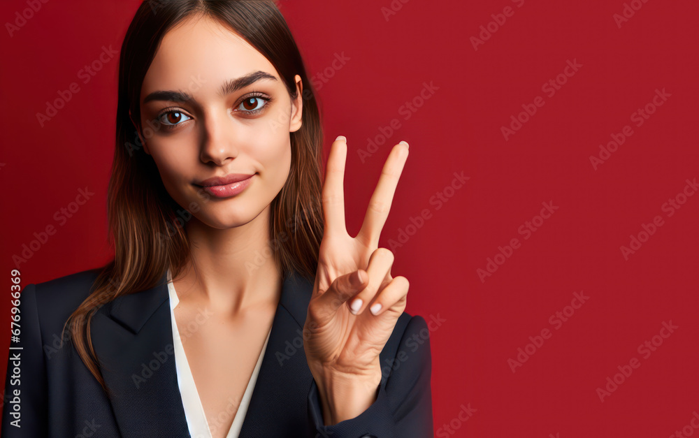 Portrait of a woman with suits showing victory, peace sign with her two fingers on a red background. Concept of woman right, power, Portrait of a woman with suits showing victory, peace sign with her two fingers on a red background. Concept of woman right, power,