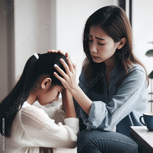 Mother tries to calm her daughter after she has a crisis, heartbreak, deep feeling, States of Mind concept, generative ai photo