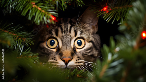 Playful cat peeks out from behind a lush Christmas tree. Xmas related scene - Generative AI