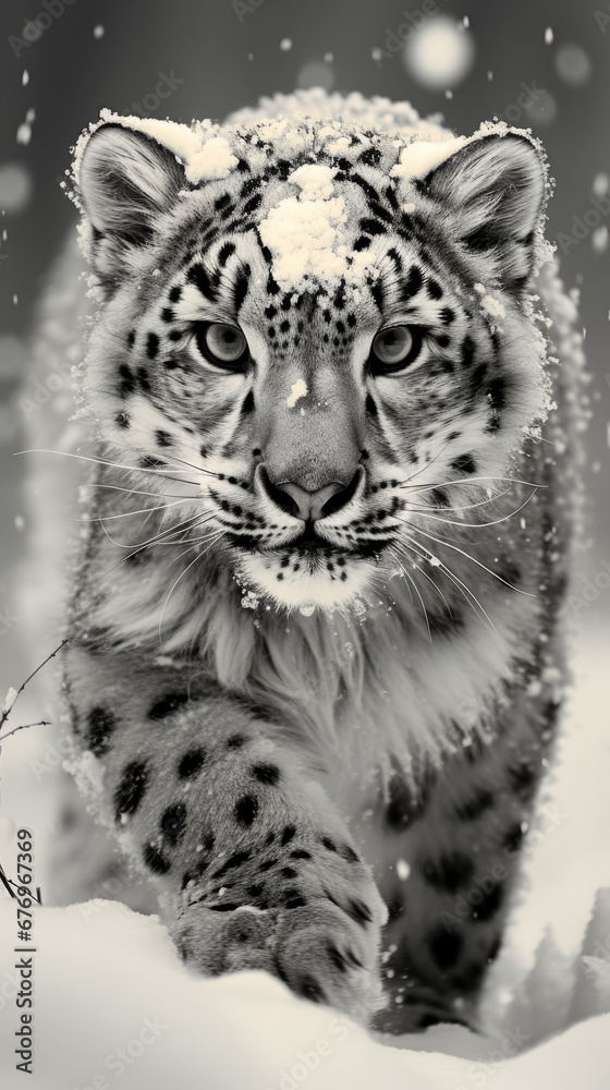 Obraz premium A leopard (snow leopard) walks through the snow, its fur covered with snow. Beautiful portrait of a leopard.