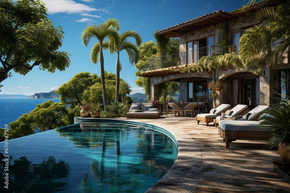 Obraz premium A modern home and swimming pool next to the ocean