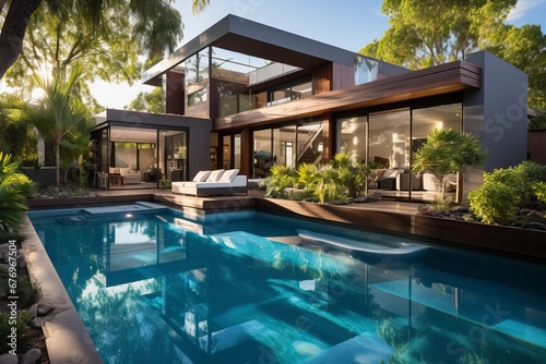 A modern home and swimming pool next to the ocean © Photo Designer 4k