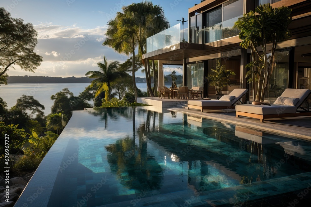 A modern home and swimming pool next to the ocean
