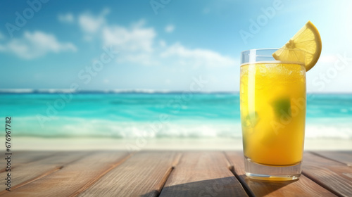 Yellow citrus cocktail on table, sea in the background