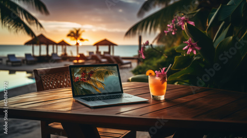 Laptop and cocktail on table, beach in the background