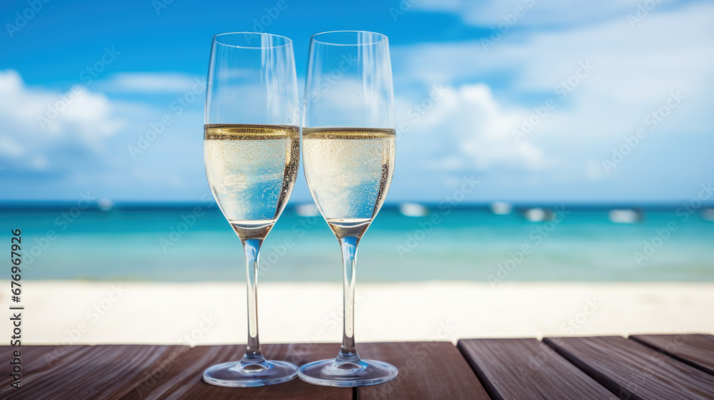 Two glasses of Champagne, vacation on the beach Two glasses of Champagne, vacation on the beach