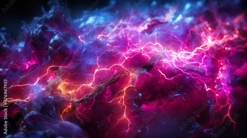 Synaptic lightning energy flux, where vibrant pink and blue streaks of