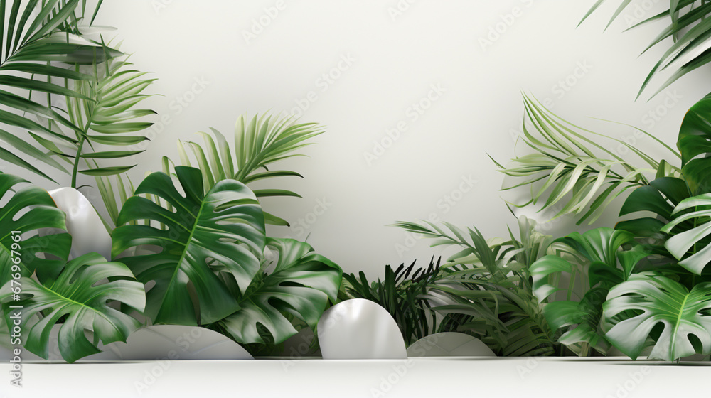 白地に空の白い丸いコースターとエキゾチックな葉,A white round coaster with no objects on it, accompanied by exotic leaves on a white background,Generative AI