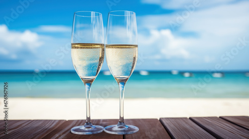 Two glasses of Champagne, vacation on the beach