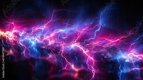 An abstract lightning neural-scape unfolds with serpentine trails of pink and blue lightning, visually interpreting the concept of electric neural activity. Generative AI photo