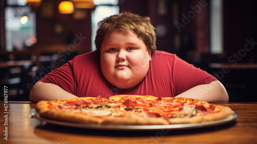 Fat boy eager to eat pizza in a diner
