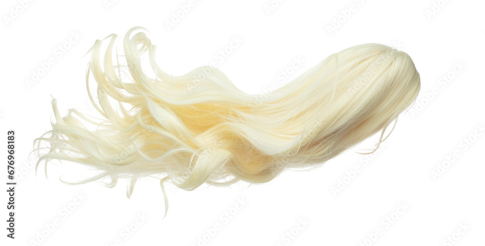Wind blow long wavy curl Wig hair style fly fall. Gold Blonde woman wig hair float in mid air. Long straight Curly wavy golden wig hair wind blow cloud throw. White background isolated detail motion - obrazy, fototapety, plakaty 